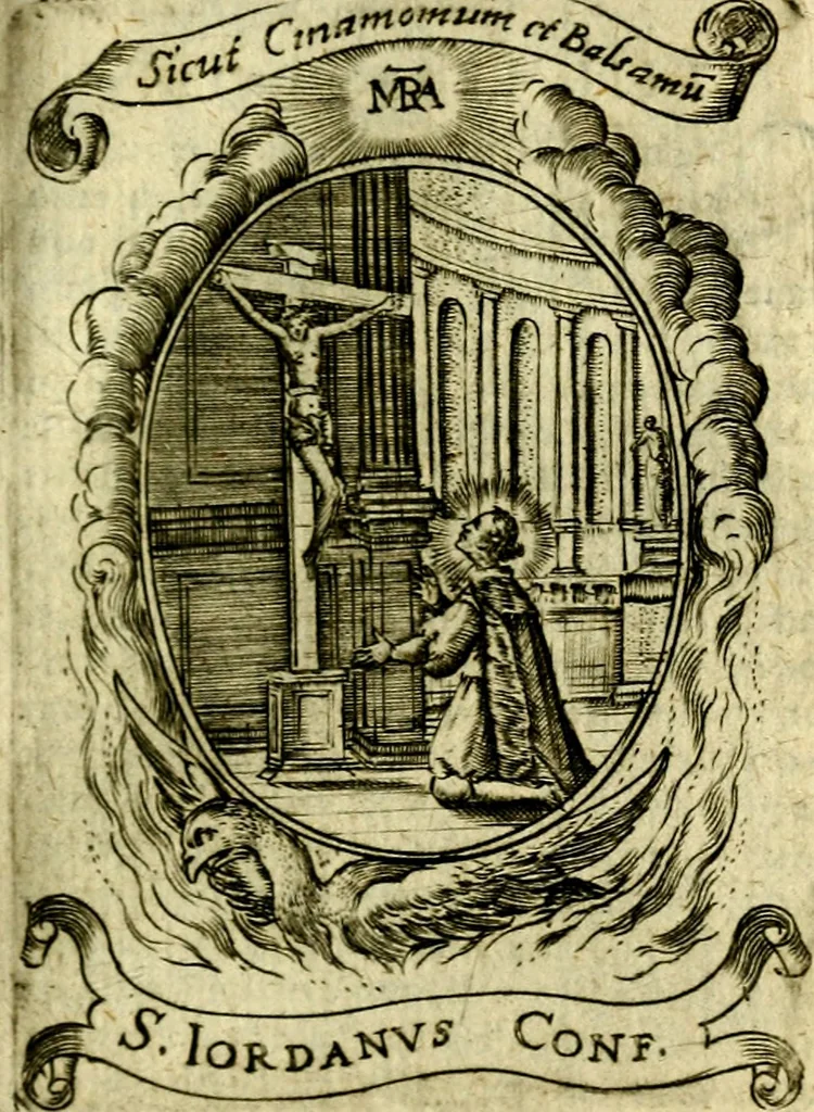 An illustration from Fasti Mariani cum illustrium diuorum imaginib. & elogijs prope DC. in singulos anni menses diésq SS. natales distributis, 1630, leaf 182