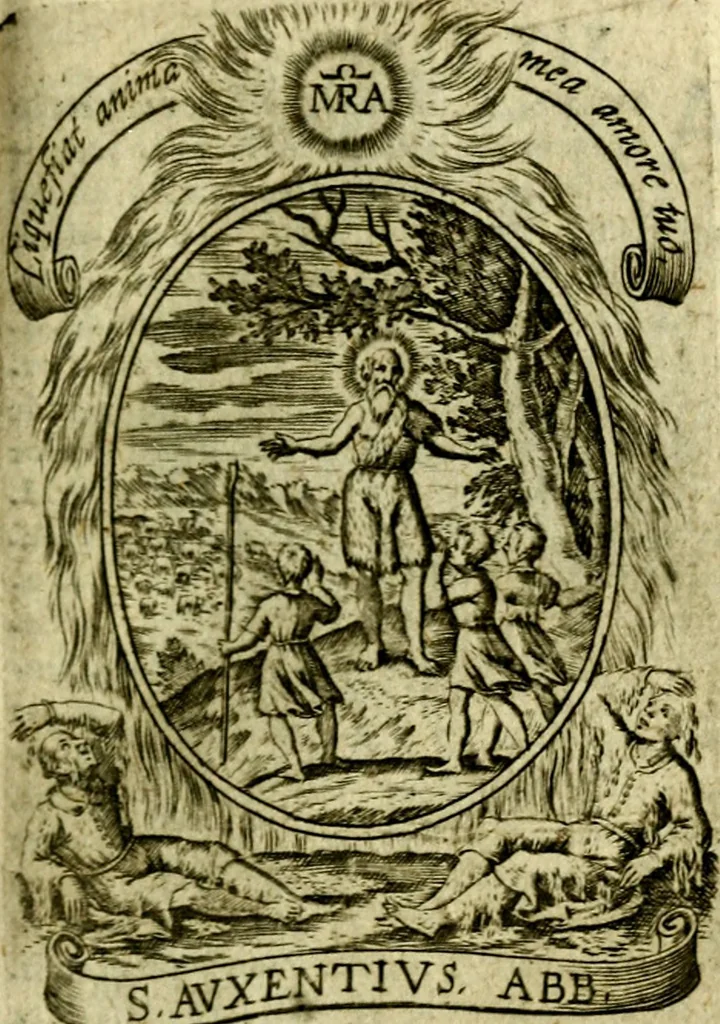 An illustration from Fasti Mariani cum illustrium diuorum imaginib. & elogijs prope DC. in singulos anni menses diésq SS. natales distributis, 1630, leaf 184