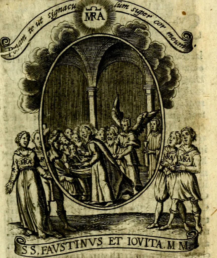 An illustration from Fasti Mariani cum illustrium diuorum imaginib. & elogijs prope DC. in singulos anni menses diésq SS. natales distributis, 1630, leaf 186