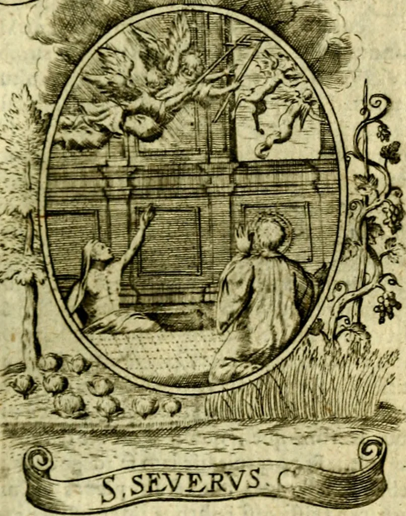 An illustration from Fasti Mariani cum illustrium diuorum imaginib. & elogijs prope DC. in singulos anni menses diésq SS. natales distributis, 1630, leaf 190