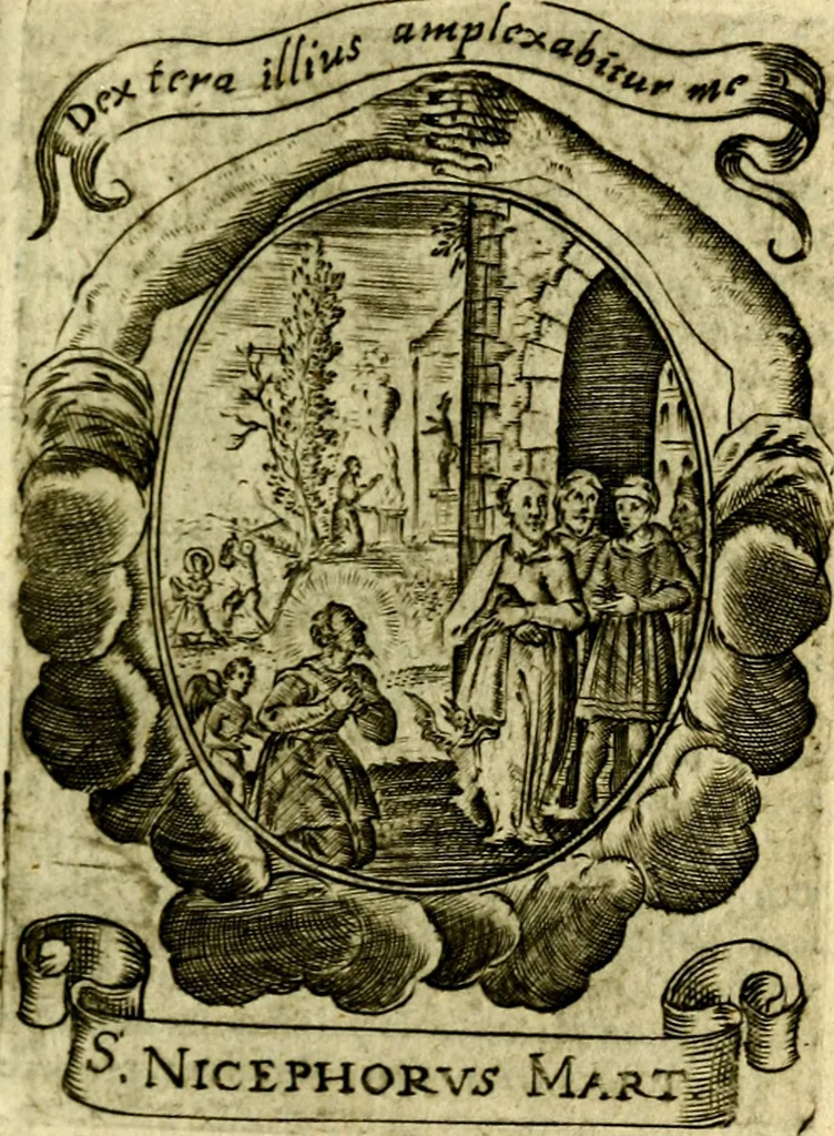 An illustration from Fasti Mariani cum illustrium diuorum imaginib. & elogijs prope DC. in singulos anni menses diésq SS. natales distributis, 1630, leaf 192