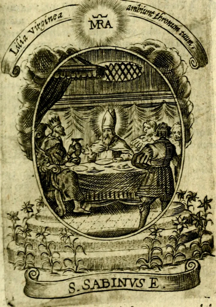 An illustration from Fasti Mariani cum illustrium diuorum imaginib. & elogijs prope DC. in singulos anni menses diésq SS. natales distributis, 1630, leaf 196