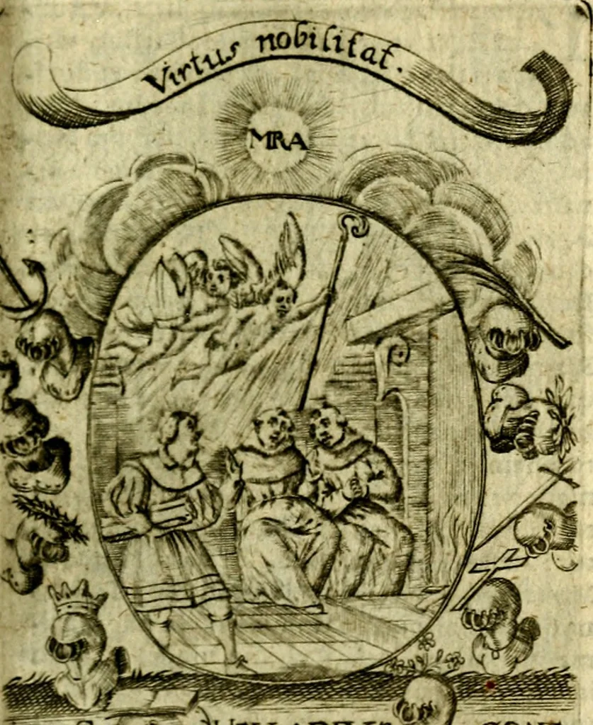 An illustration from Fasti Mariani cum illustrium diuorum imaginib. & elogijs prope DC. in singulos anni menses diésq SS. natales distributis, 1630, leaf 198