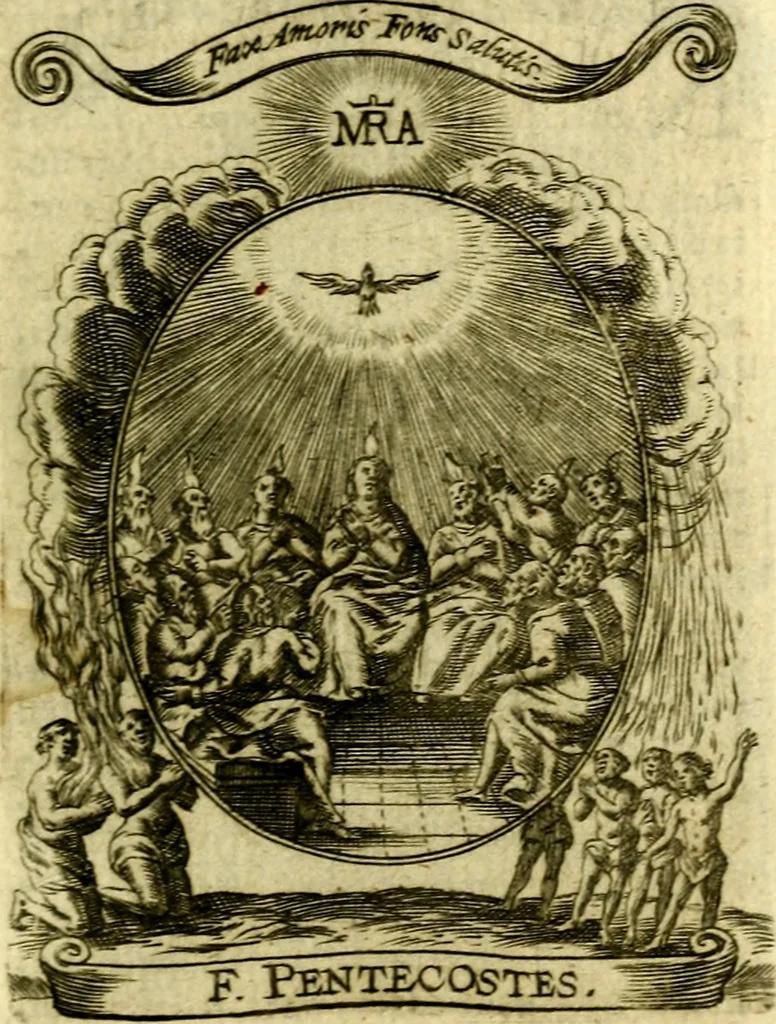 An illustration from Fasti Mariani cum illustrium diuorum imaginib. & elogijs prope DC. in singulos anni menses diésq SS. natales distributis, 1630, leaf 20