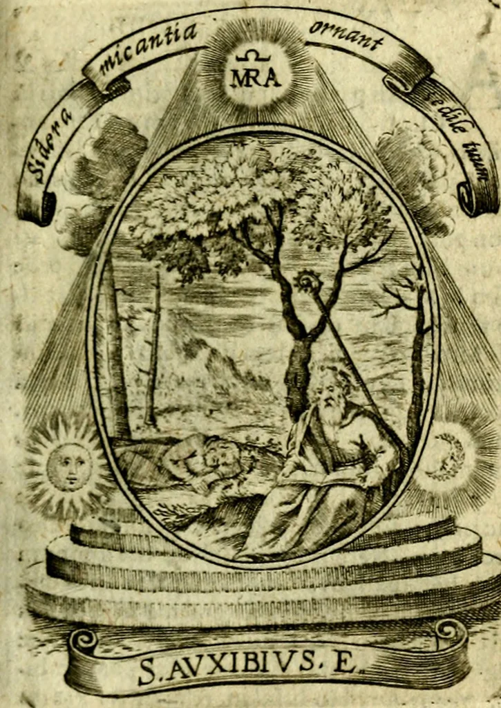 An illustration from Fasti Mariani cum illustrium diuorum imaginib. & elogijs prope DC. in singulos anni menses diésq SS. natales distributis, 1630, leaf 200
