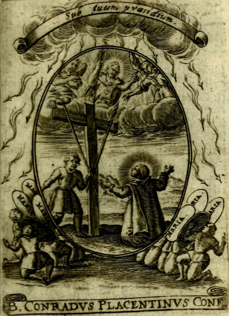 An illustration from Fasti Mariani cum illustrium diuorum imaginib. & elogijs prope DC. in singulos anni menses diésq SS. natales distributis, 1630, leaf 202