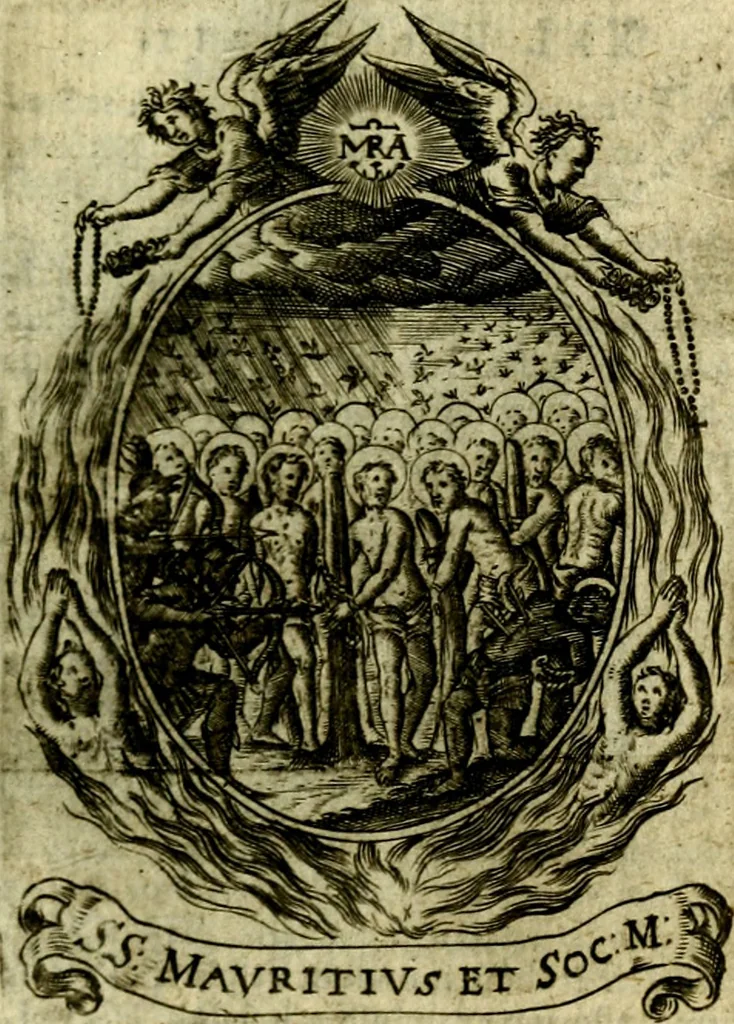 An illustration from Fasti Mariani cum illustrium diuorum imaginib. & elogijs prope DC. in singulos anni menses diésq SS. natales distributis, 1630, leaf 206