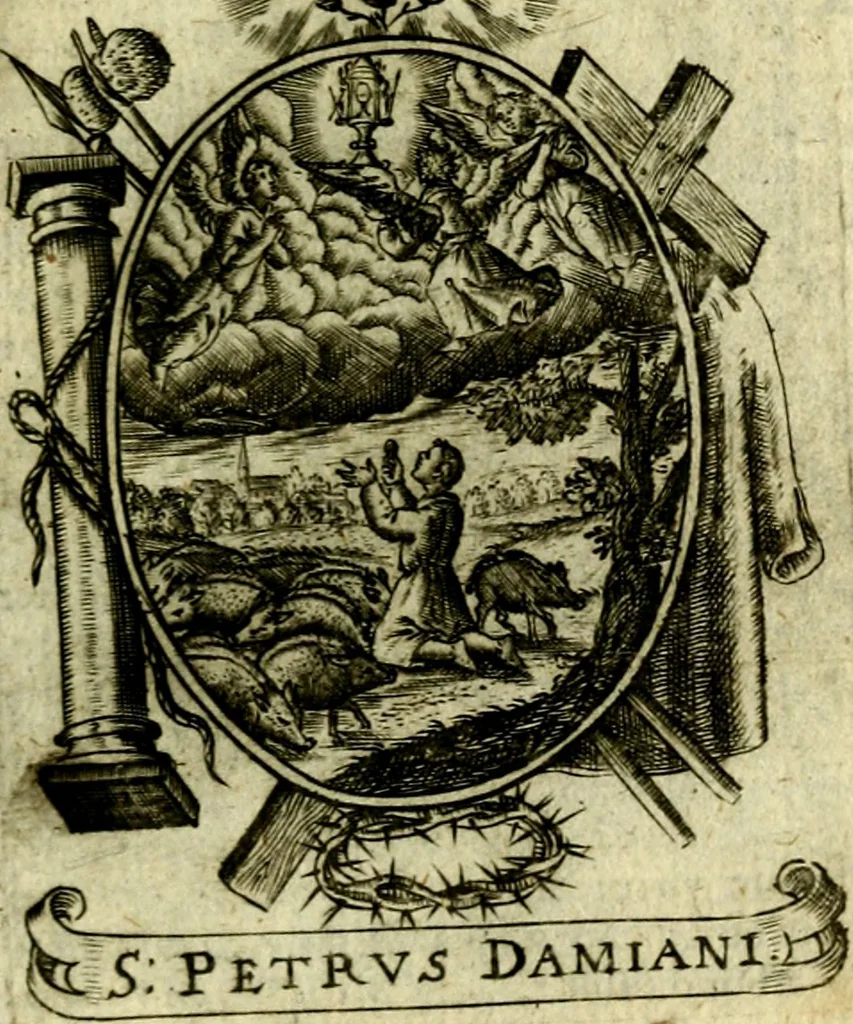 An illustration from Fasti Mariani cum illustrium diuorum imaginib. & elogijs prope DC. in singulos anni menses diésq SS. natales distributis, 1630, leaf 208