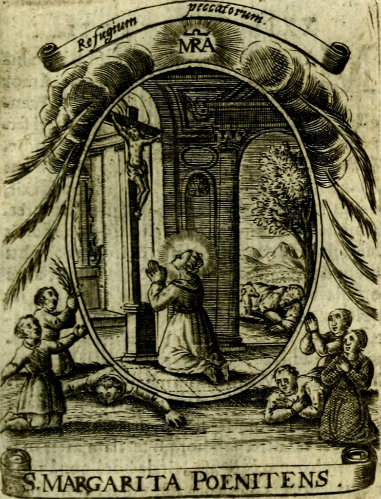 An illustration from Fasti Mariani cum illustrium diuorum imaginib. & elogijs prope DC. in singulos anni menses diésq SS. natales distributis, 1630, leaf 210