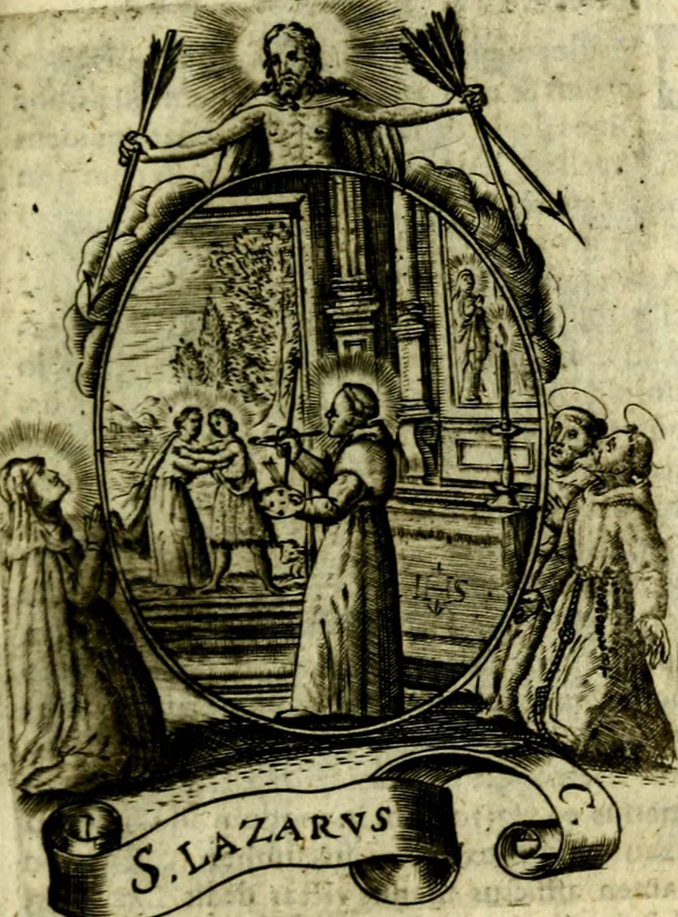 An illustration from Fasti Mariani cum illustrium diuorum imaginib. & elogijs prope DC. in singulos anni menses diésq SS. natales distributis, 1630, leaf 212