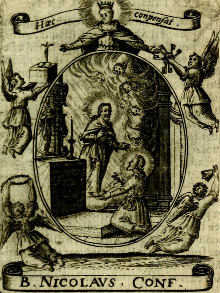 An illustration from Fasti Mariani cum illustrium diuorum imaginib. & elogijs prope DC. in singulos anni menses diésq SS. natales distributis, 1630, leaf 214