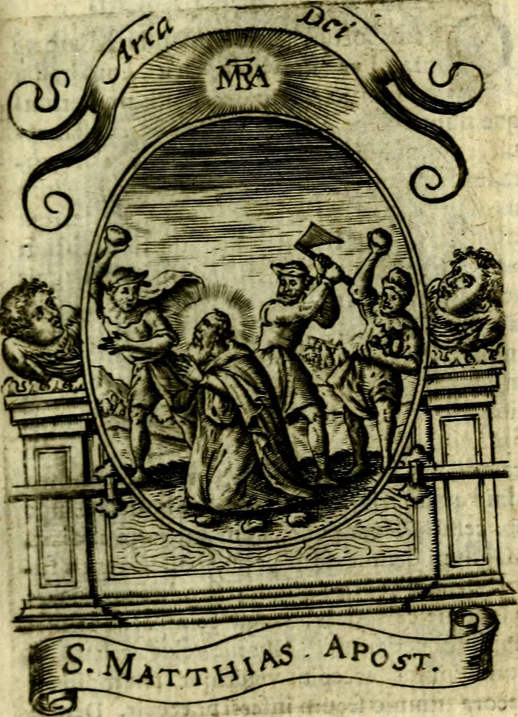 An illustration from Fasti Mariani cum illustrium diuorum imaginib. & elogijs prope DC. in singulos anni menses diésq SS. natales distributis, 1630, leaf 216