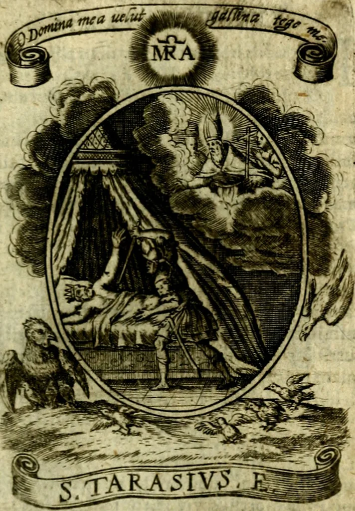 An illustration from Fasti Mariani cum illustrium diuorum imaginib. & elogijs prope DC. in singulos anni menses diésq SS. natales distributis, 1630, leaf 218