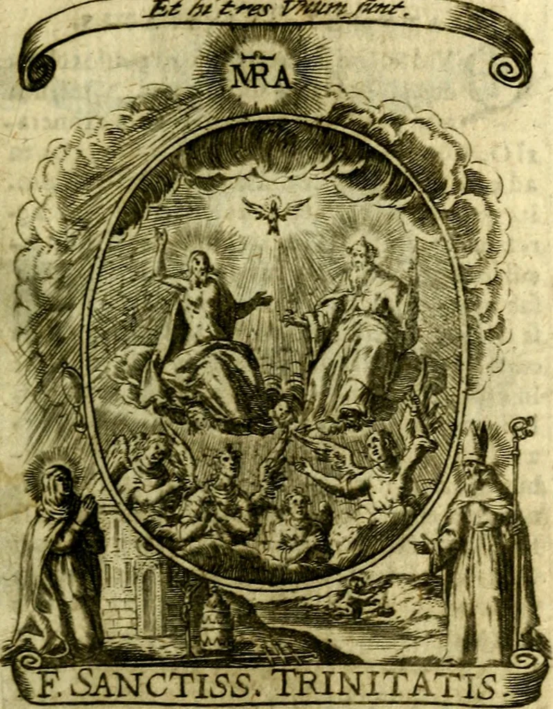 An illustration from Fasti Mariani cum illustrium diuorum imaginib. & elogijs prope DC. in singulos anni menses diésq SS. natales distributis, 1630, leaf 22
