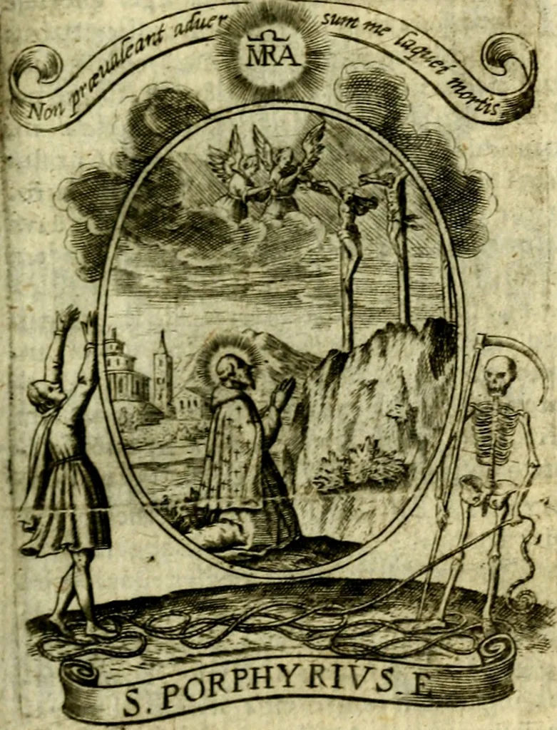 An illustration from Fasti Mariani cum illustrium diuorum imaginib. & elogijs prope DC. in singulos anni menses diésq SS. natales distributis, 1630, leaf 220