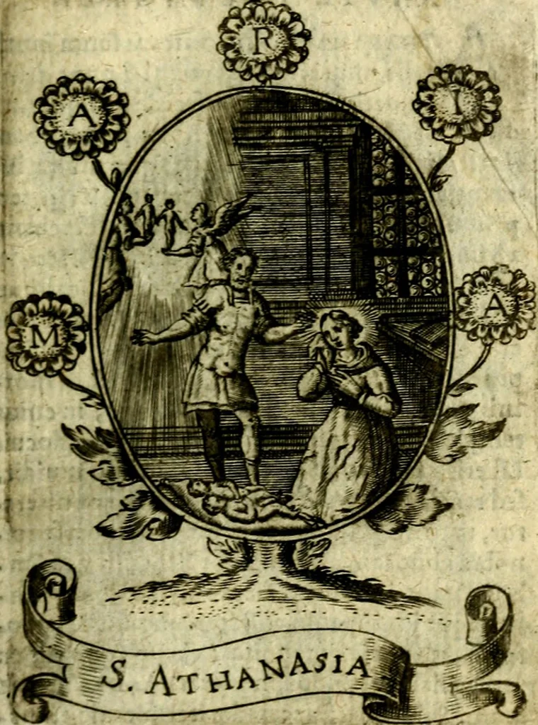 An illustration from Fasti Mariani cum illustrium diuorum imaginib. & elogijs prope DC. in singulos anni menses diésq SS. natales distributis, 1630, leaf 222