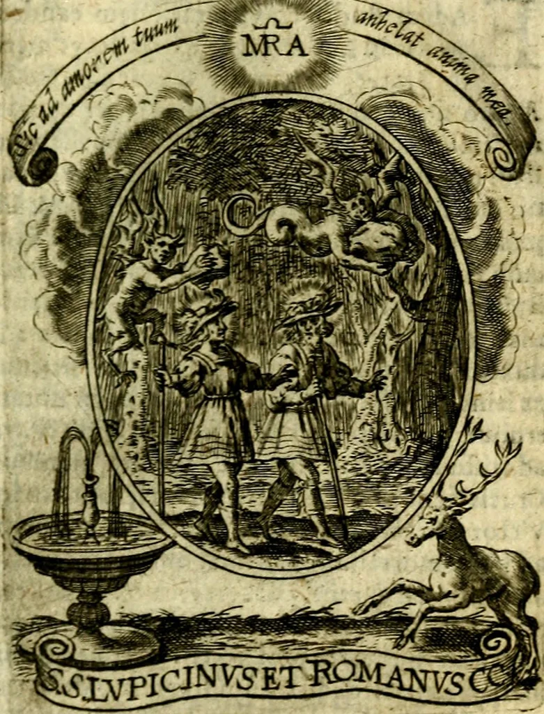 An illustration from Fasti Mariani cum illustrium diuorum imaginib. & elogijs prope DC. in singulos anni menses diésq SS. natales distributis, 1630, leaf 224