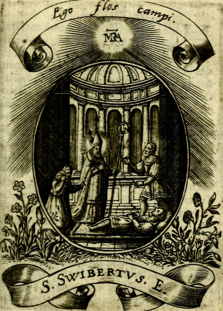 An illustration from Fasti Mariani cum illustrium diuorum imaginib. & elogijs prope DC. in singulos anni menses diésq SS. natales distributis, 1630, leaf 228