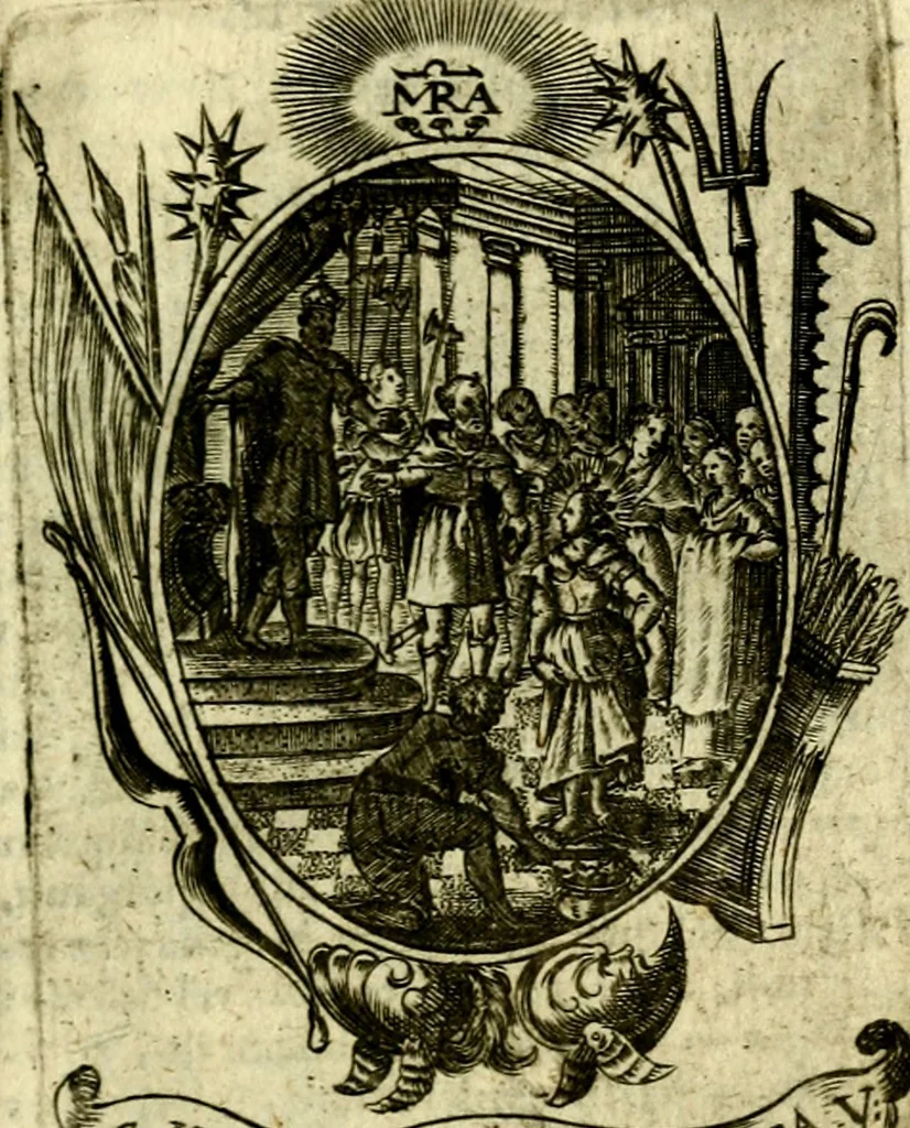 An illustration from Fasti Mariani cum illustrium diuorum imaginib. & elogijs prope DC. in singulos anni menses diésq SS. natales distributis, 1630, leaf 234