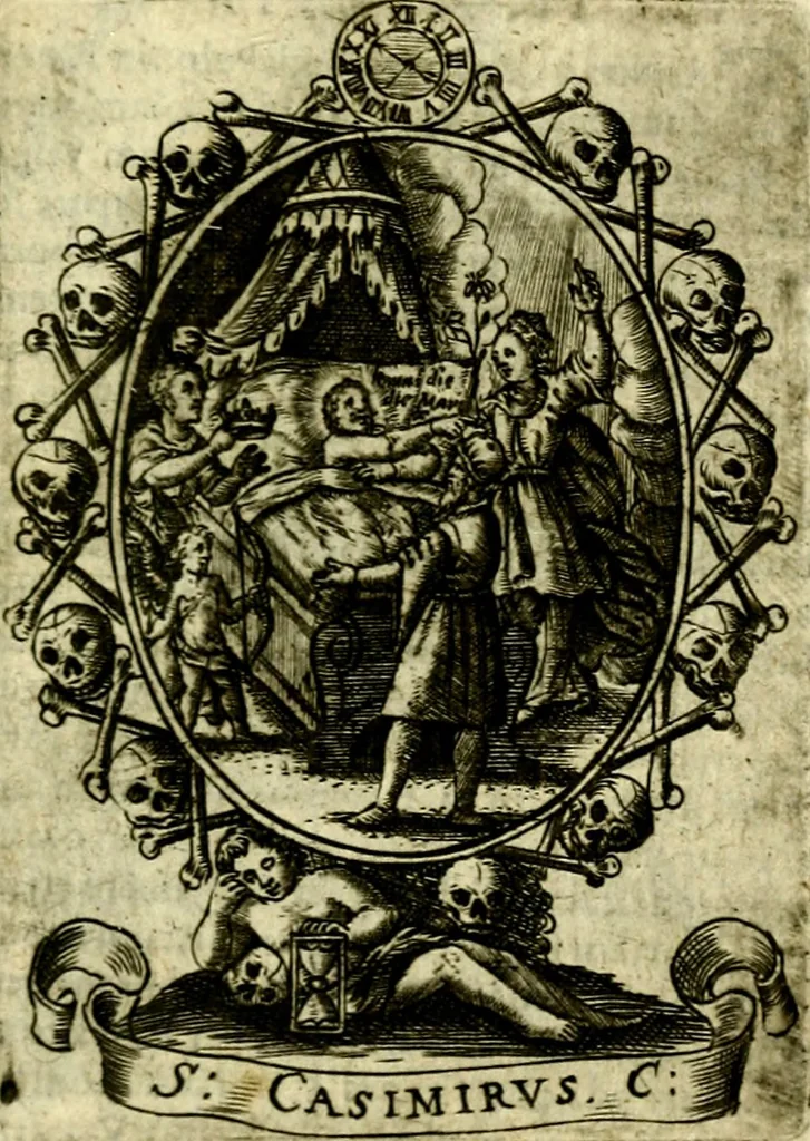 An illustration from Fasti Mariani cum illustrium diuorum imaginib. & elogijs prope DC. in singulos anni menses diésq SS. natales distributis, 1630, leaf 236