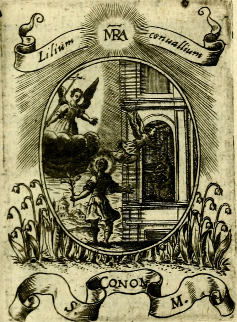 An illustration from Fasti Mariani cum illustrium diuorum imaginib. & elogijs prope DC. in singulos anni menses diésq SS. natales distributis, 1630, leaf 238