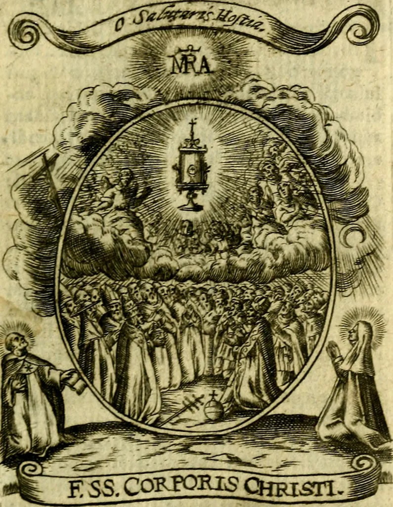 An illustration from Fasti Mariani cum illustrium diuorum imaginib. & elogijs prope DC. in singulos anni menses diésq SS. natales distributis, 1630, leaf 24