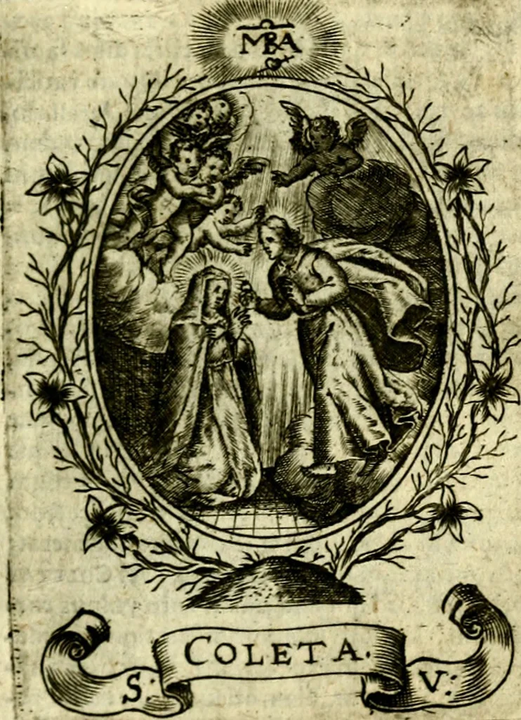 An illustration from Fasti Mariani cum illustrium diuorum imaginib. & elogijs prope DC. in singulos anni menses diésq SS. natales distributis, 1630, leaf 242