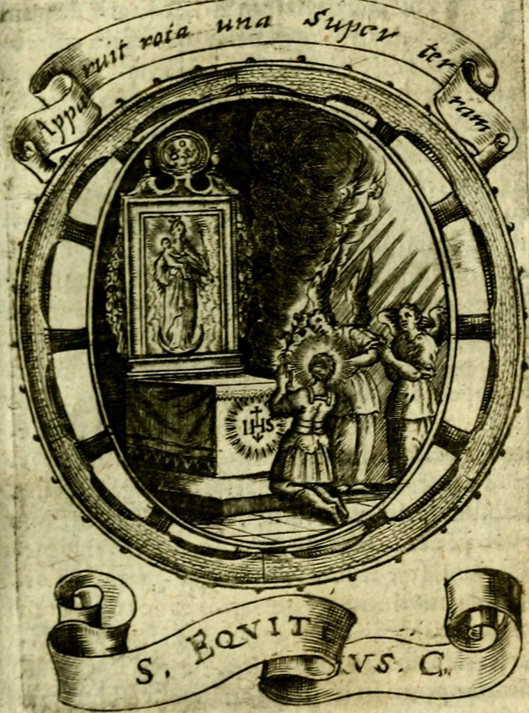 An illustration from Fasti Mariani cum illustrium diuorum imaginib. & elogijs prope DC. in singulos anni menses diésq SS. natales distributis, 1630, leaf 246
