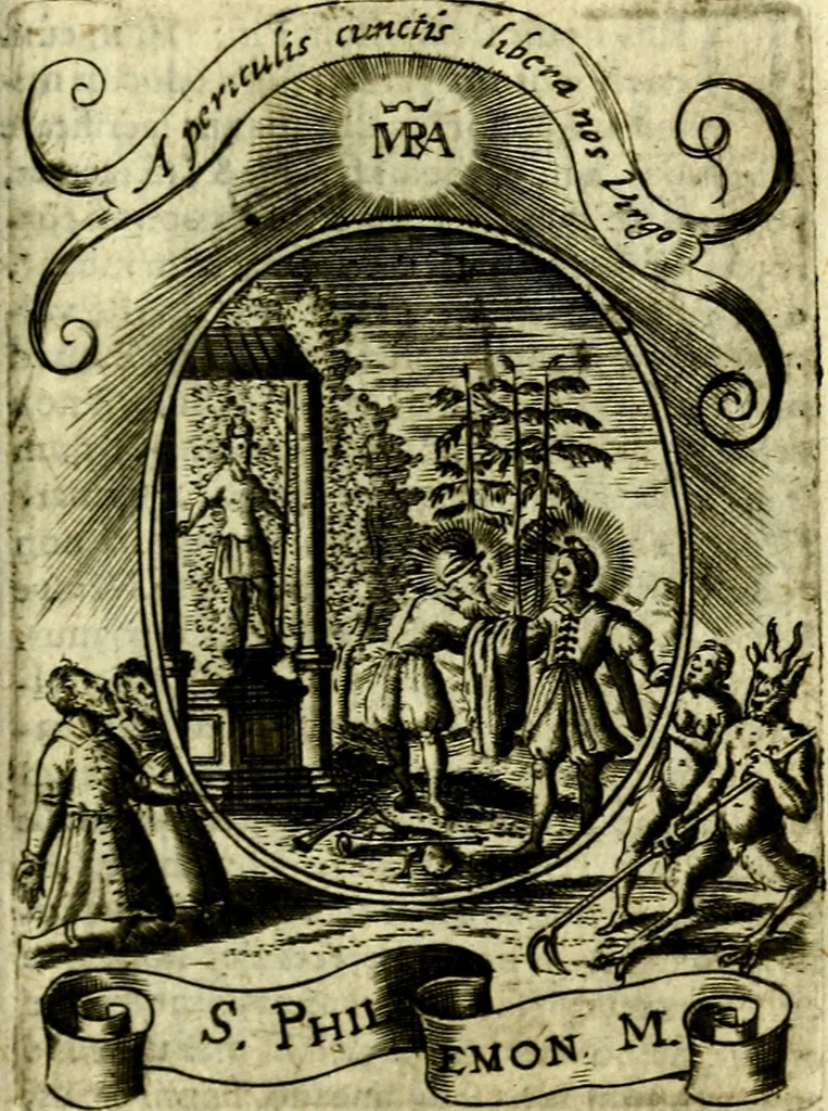 An illustration from Fasti Mariani cum illustrium diuorum imaginib. & elogijs prope DC. in singulos anni menses diésq SS. natales distributis, 1630, leaf 248