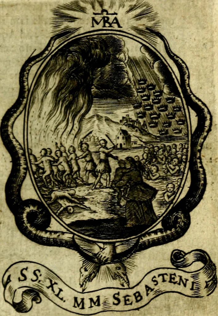 An illustration from Fasti Mariani cum illustrium diuorum imaginib. & elogijs prope DC. in singulos anni menses diésq SS. natales distributis, 1630, leaf 250