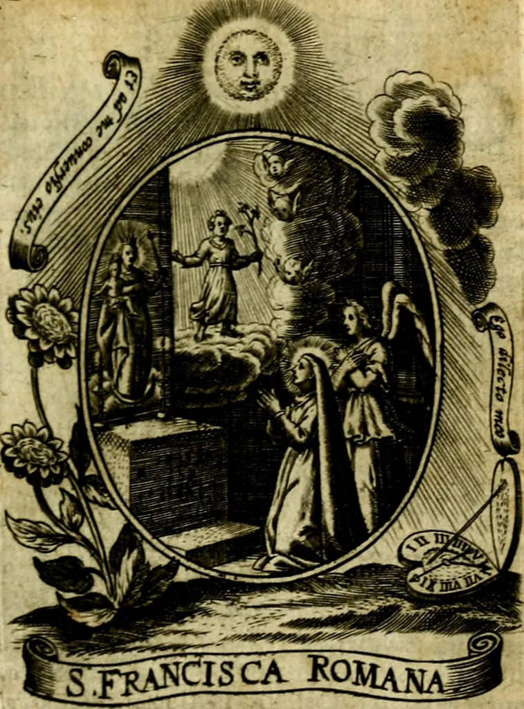 An illustration from Fasti Mariani cum illustrium diuorum imaginib. & elogijs prope DC. in singulos anni menses diésq SS. natales distributis, 1630, leaf 252
