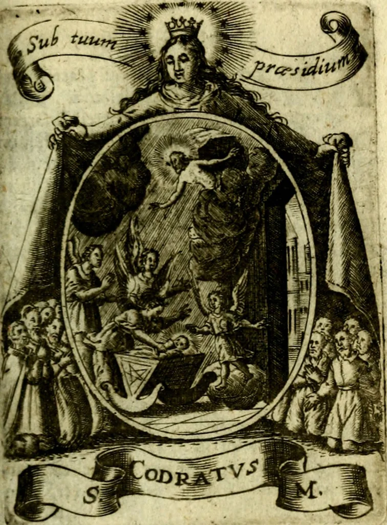 An illustration from Fasti Mariani cum illustrium diuorum imaginib. & elogijs prope DC. in singulos anni menses diésq SS. natales distributis, 1630, leaf 254