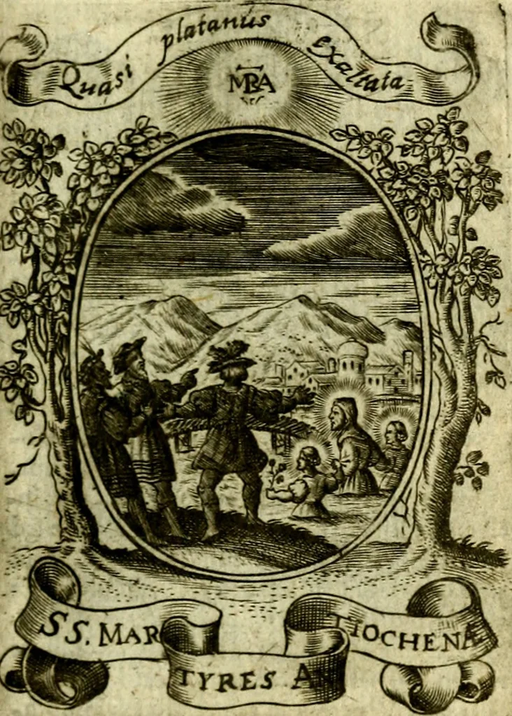 An illustration from Fasti Mariani cum illustrium diuorum imaginib. & elogijs prope DC. in singulos anni menses diésq SS. natales distributis, 1630, leaf 256