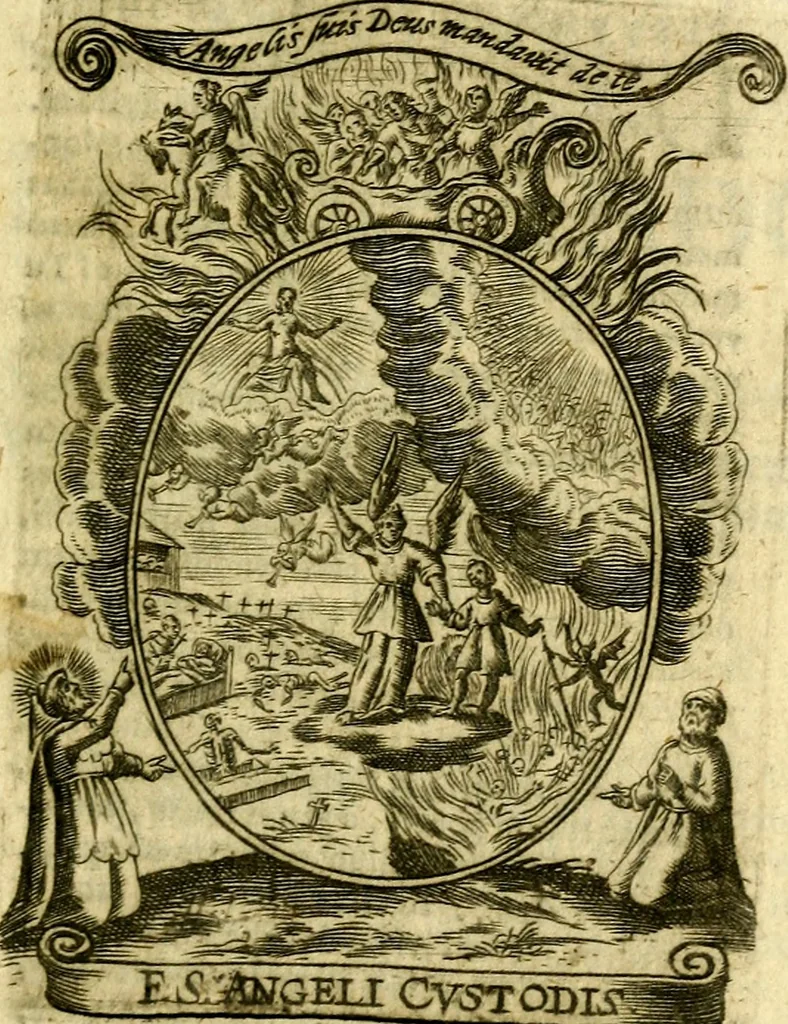 An illustration from Fasti Mariani cum illustrium diuorum imaginib. & elogijs prope DC. in singulos anni menses diésq SS. natales distributis, 1630, leaf 26