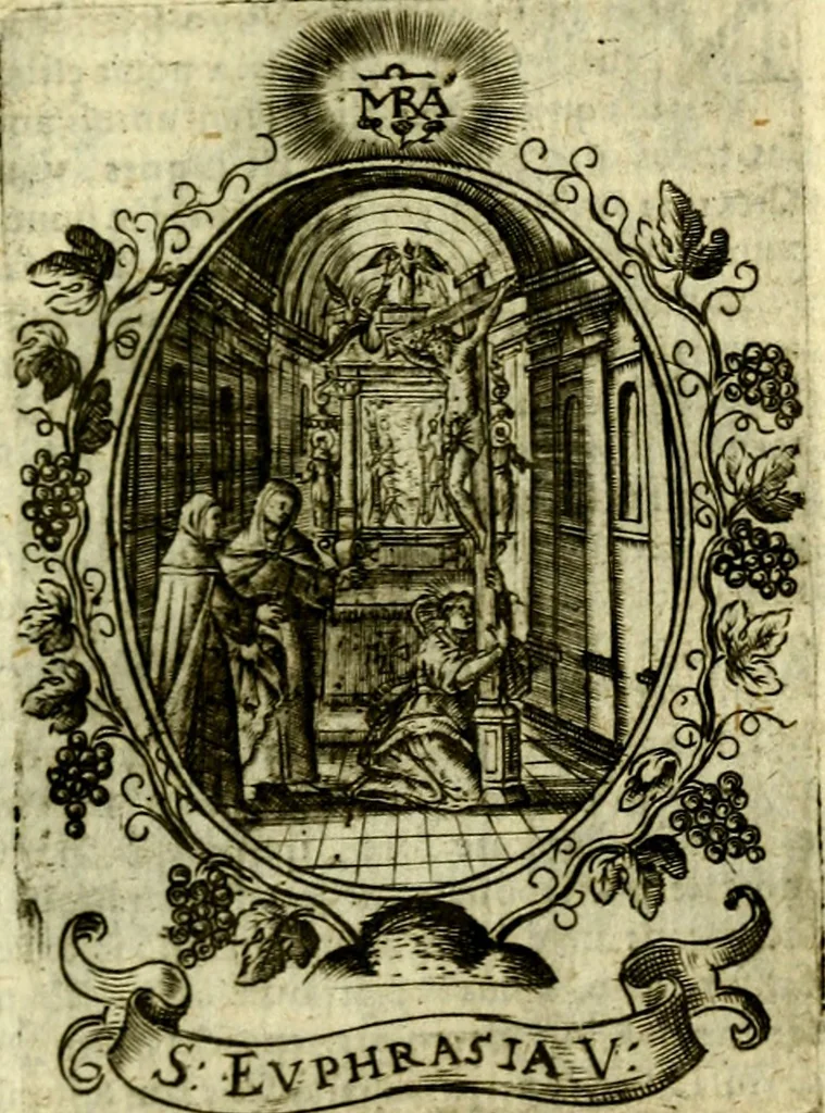 An illustration from Fasti Mariani cum illustrium diuorum imaginib. & elogijs prope DC. in singulos anni menses diésq SS. natales distributis, 1630, leaf 264
