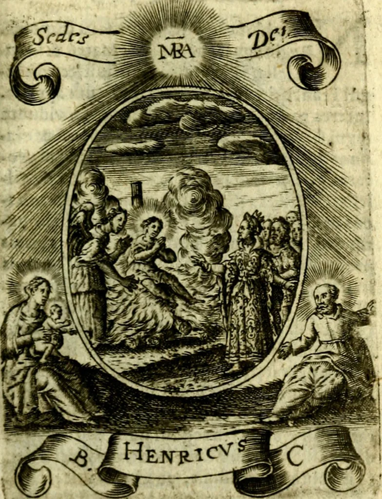 An illustration from Fasti Mariani cum illustrium diuorum imaginib. & elogijs prope DC. in singulos anni menses diésq SS. natales distributis, 1630, leaf 266
