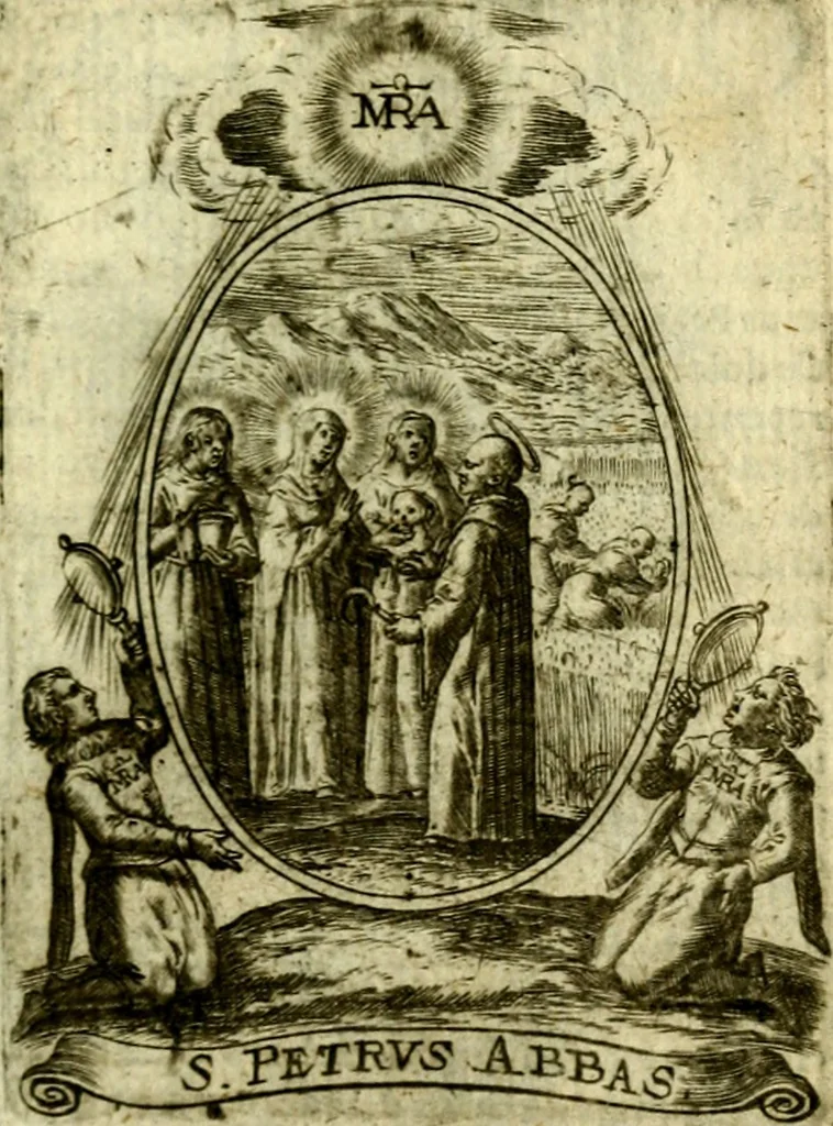 An illustration from Fasti Mariani cum illustrium diuorum imaginib. & elogijs prope DC. in singulos anni menses diésq SS. natales distributis, 1630, leaf 268