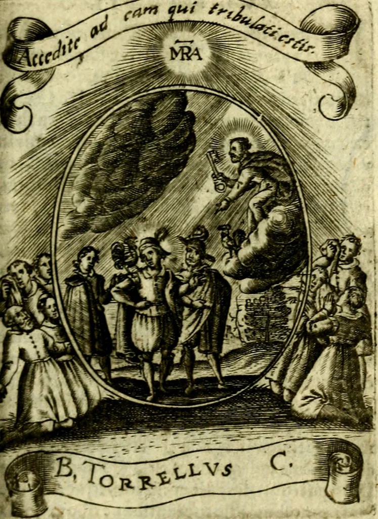 An illustration from Fasti Mariani cum illustrium diuorum imaginib. & elogijs prope DC. in singulos anni menses diésq SS. natales distributis, 1630, leaf 274