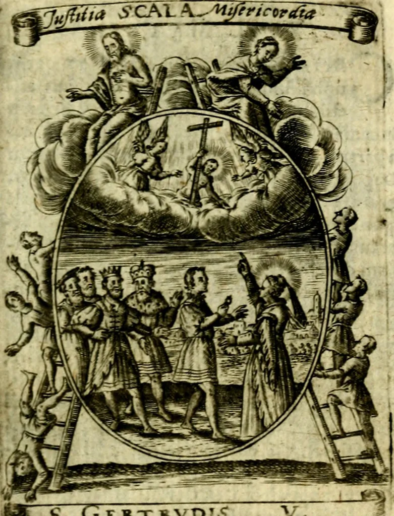 An illustration from Fasti Mariani cum illustrium diuorum imaginib. & elogijs prope DC. in singulos anni menses diésq SS. natales distributis, 1630, leaf 280