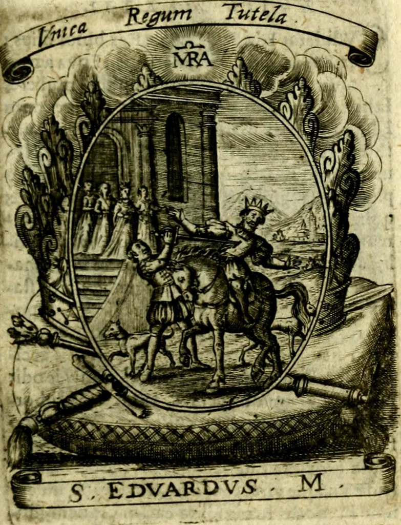 An illustration from Fasti Mariani cum illustrium diuorum imaginib. & elogijs prope DC. in singulos anni menses diésq SS. natales distributis, 1630, leaf 282