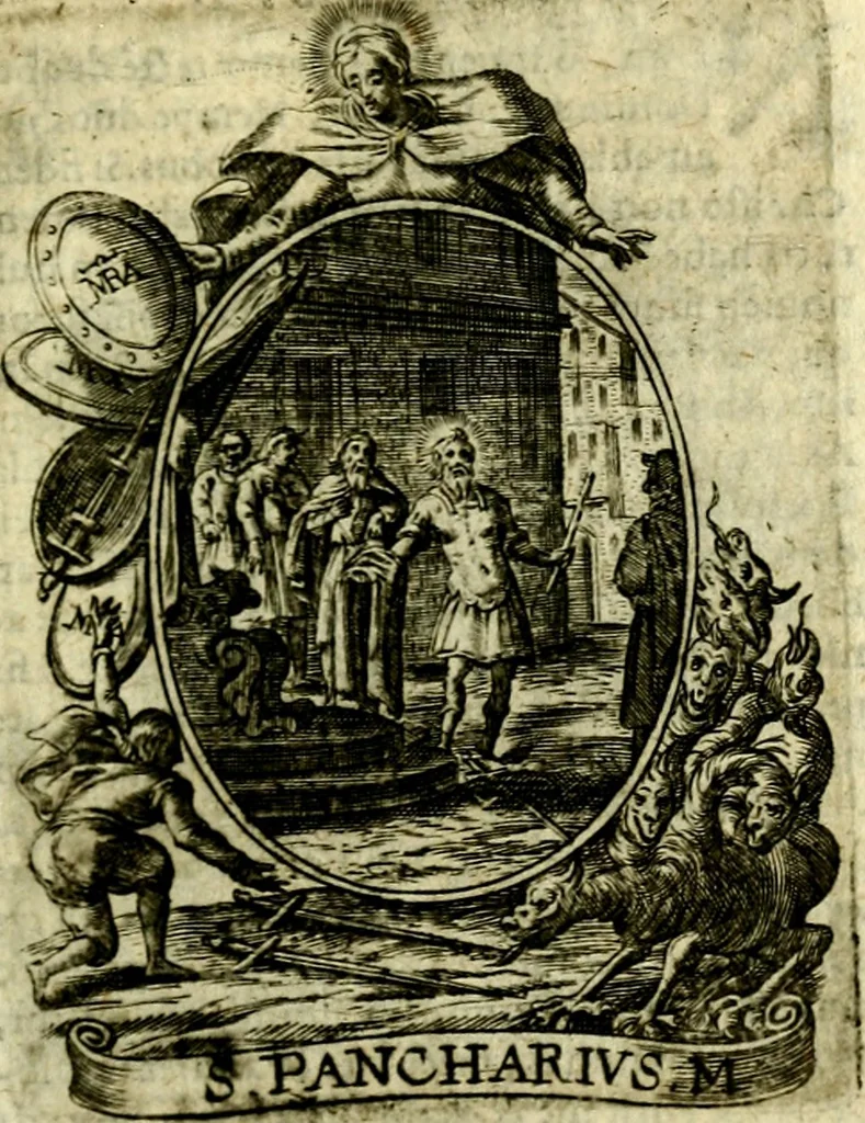 An illustration from Fasti Mariani cum illustrium diuorum imaginib. & elogijs prope DC. in singulos anni menses diésq SS. natales distributis, 1630, leaf 286