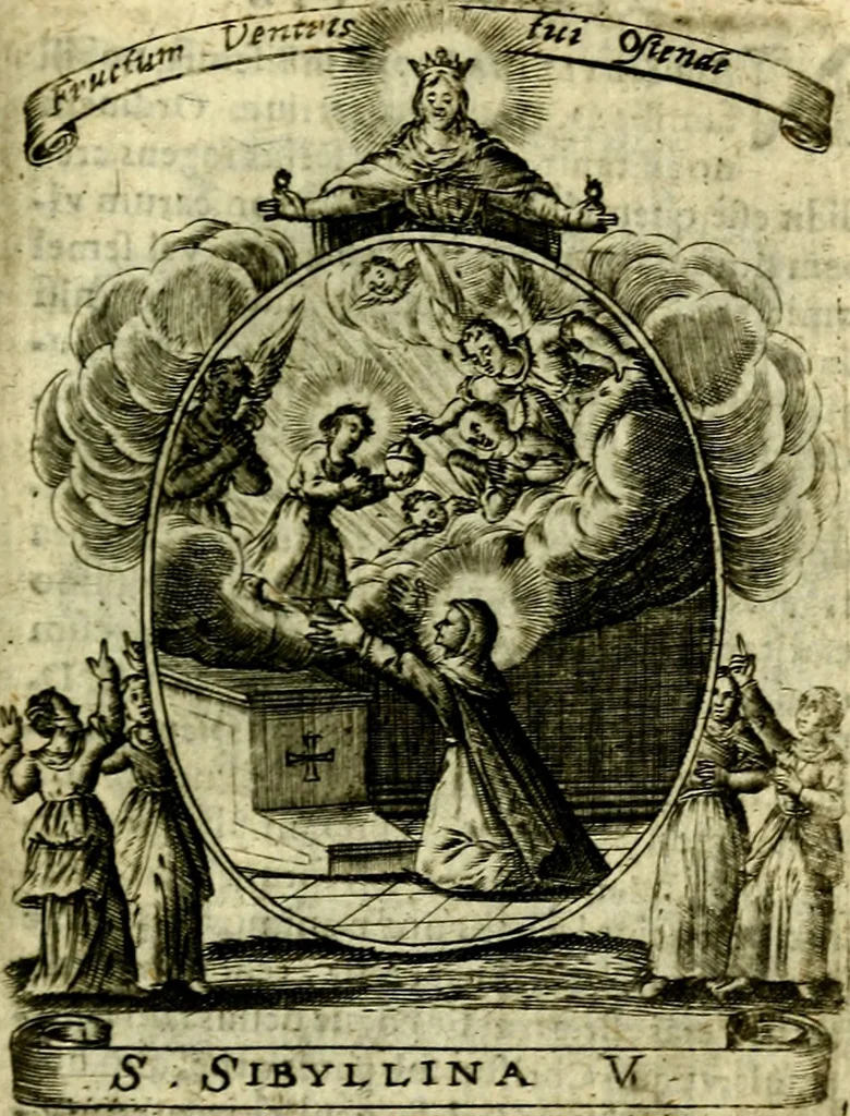 An illustration from Fasti Mariani cum illustrium diuorum imaginib. & elogijs prope DC. in singulos anni menses diésq SS. natales distributis, 1630, leaf 288