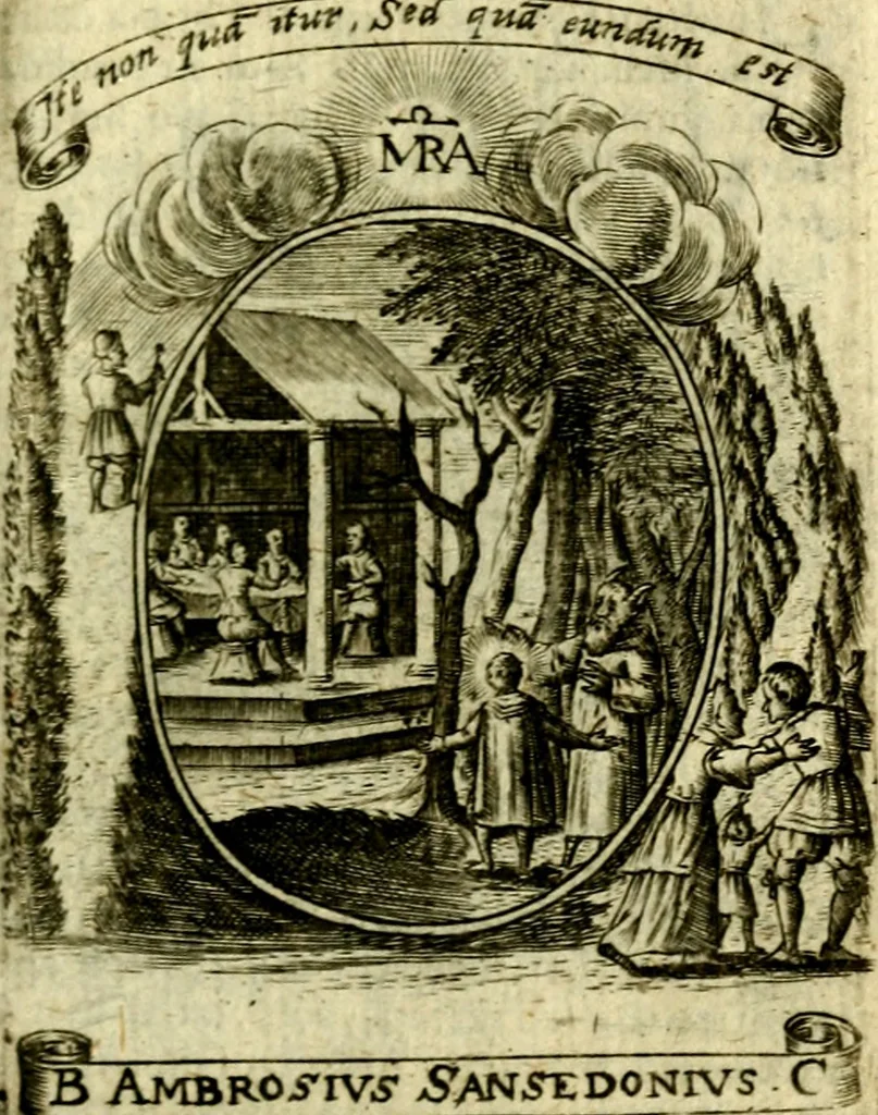 An illustration from Fasti Mariani cum illustrium diuorum imaginib. & elogijs prope DC. in singulos anni menses diésq SS. natales distributis, 1630, leaf 296