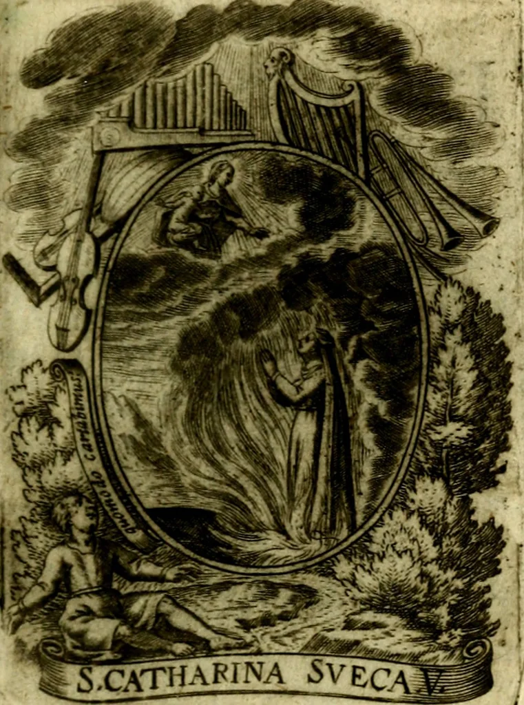 An illustration from Fasti Mariani cum illustrium diuorum imaginib. & elogijs prope DC. in singulos anni menses diésq SS. natales distributis, 1630, leaf 300