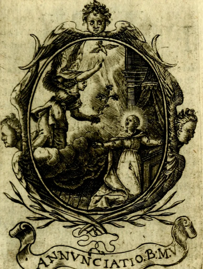 An illustration from Fasti Mariani cum illustrium diuorum imaginib. & elogijs prope DC. in singulos anni menses diésq SS. natales distributis, 1630, leaf 306