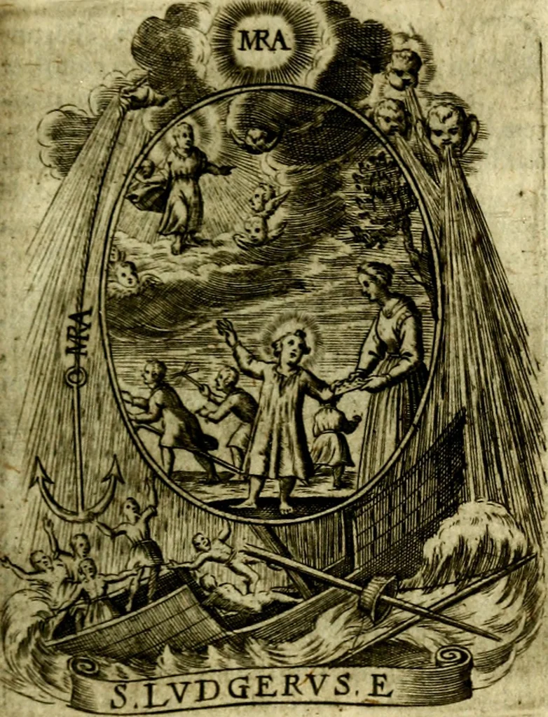 An illustration from Fasti Mariani cum illustrium diuorum imaginib. & elogijs prope DC. in singulos anni menses diésq SS. natales distributis, 1630, leaf 308