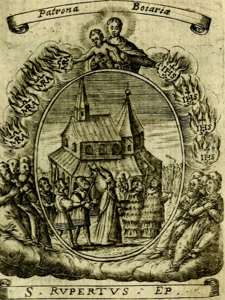 An illustration from Fasti Mariani cum illustrium diuorum imaginib. & elogijs prope DC. in singulos anni menses diésq SS. natales distributis, 1630, leaf 310