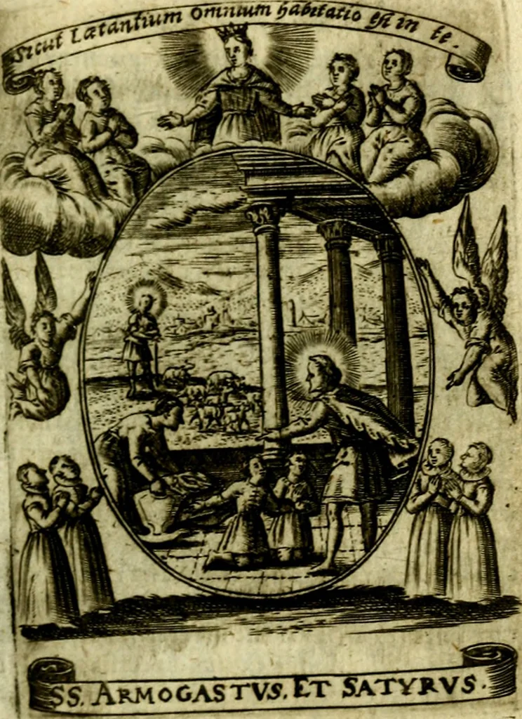 An illustration from Fasti Mariani cum illustrium diuorum imaginib. & elogijs prope DC. in singulos anni menses diésq SS. natales distributis, 1630, leaf 314