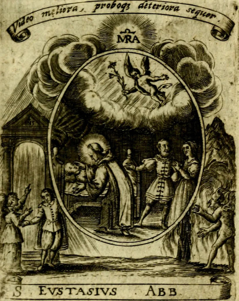 An illustration from Fasti Mariani cum illustrium diuorum imaginib. & elogijs prope DC. in singulos anni menses diésq SS. natales distributis, 1630, leaf 316