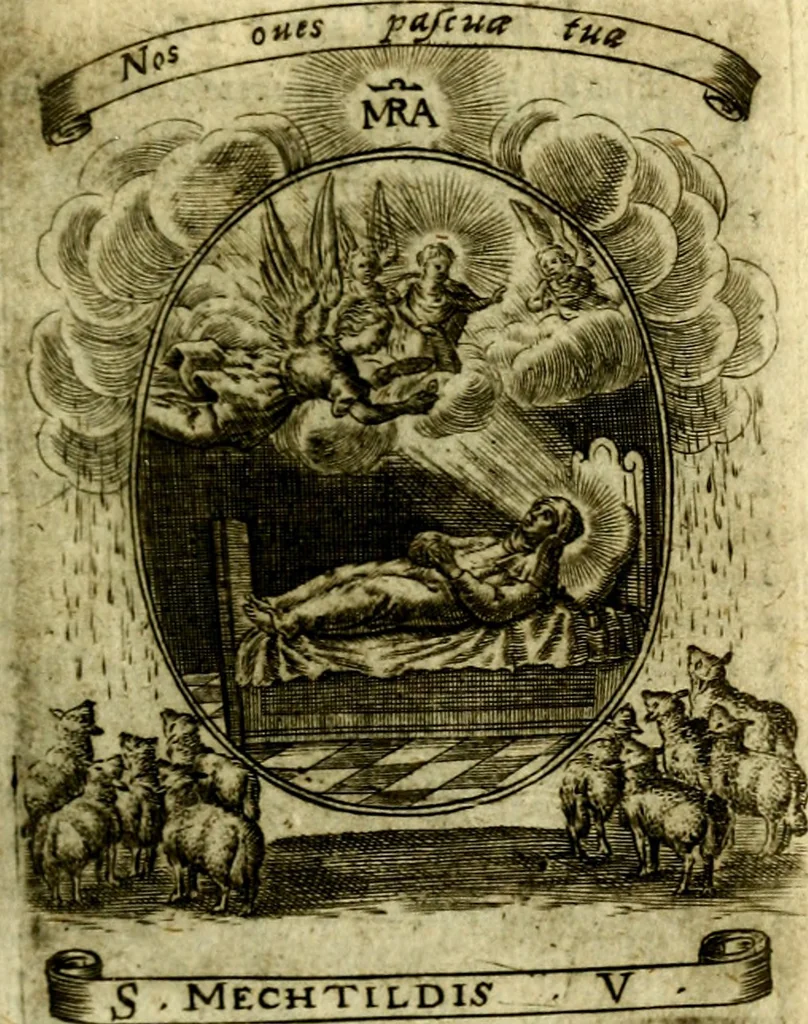 An illustration from Fasti Mariani cum illustrium diuorum imaginib. & elogijs prope DC. in singulos anni menses diésq SS. natales distributis, 1630, leaf 318